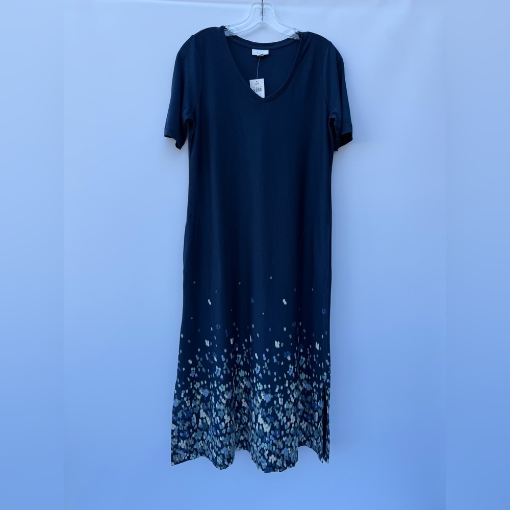 Pure J. Jill Navy Floral Border-Print Maxi Dress Pockets Side Slits - Picture 3 of 14
